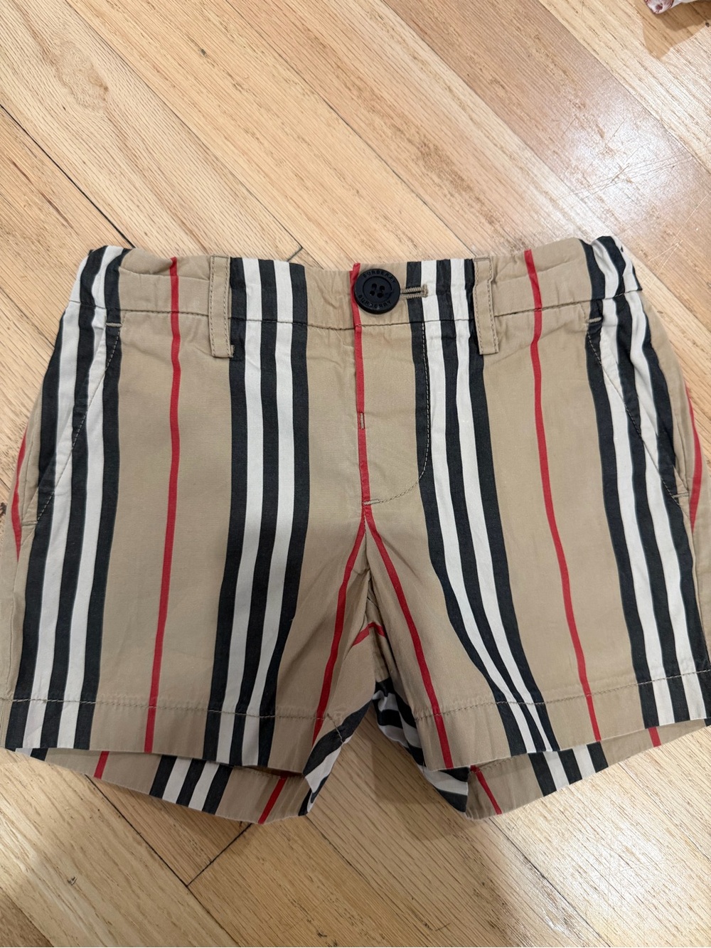 Burberry Khaki Shorts with Black, White & Red Stripes